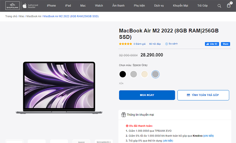MacBook Air M2 tại ShopDunk có mức giá chỉ từ 29.000.000đ